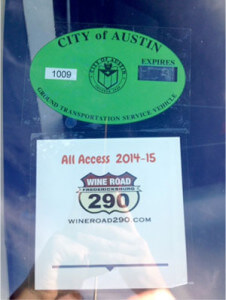 Our green windshield sticker indicating that we have the proper insurance necessary for party buses.