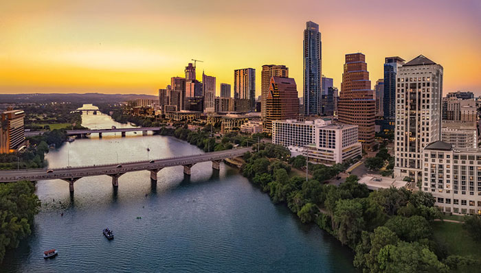 View of the Austin, Texas, city skyline at dusk.